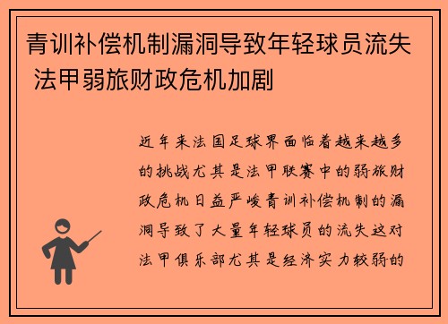 青训补偿机制漏洞导致年轻球员流失 法甲弱旅财政危机加剧