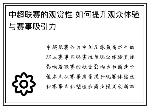 中超联赛的观赏性 如何提升观众体验与赛事吸引力